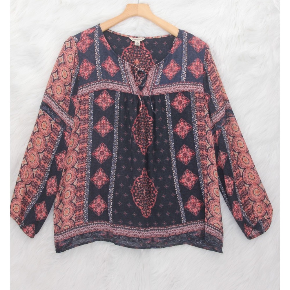Lucky Brand Tunic Top Women XL Orange Blue Geometric Long Sleeve Boho Indie - Picture 2 of 12